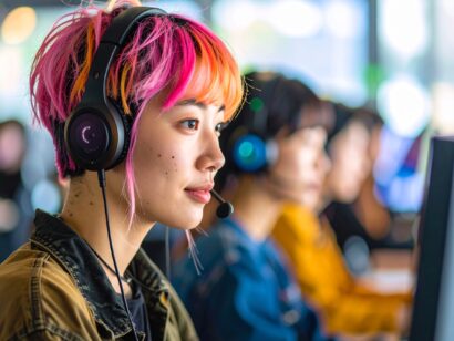 Firefly_20代日本人髪色明るくピアスもしている女性のカジュアルな服装でコールセンターの仕事をしている様子 882866